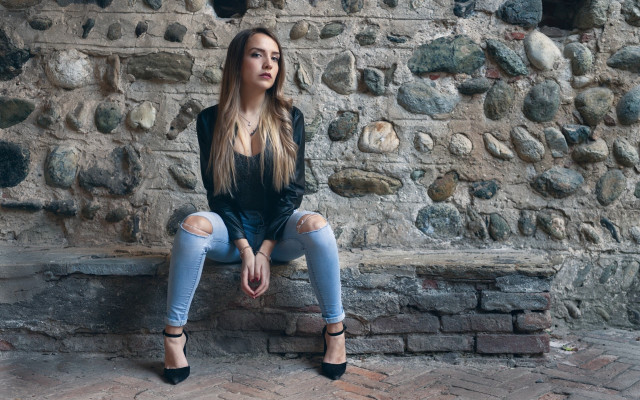 Woman sitting stone bench crossed free wallpaper for desktop - medium preview image
