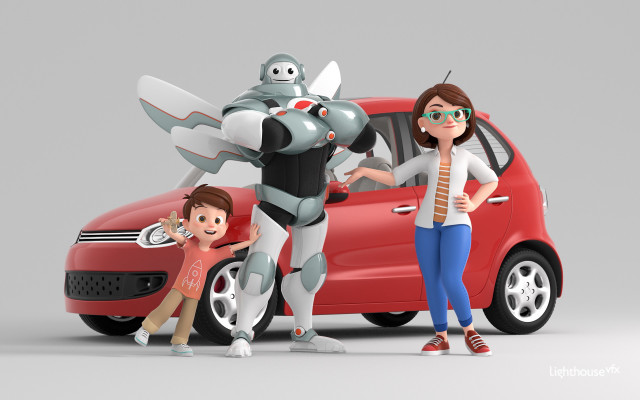 Woman red car robot motorcycle free wallpaper for desktop - medium preview image