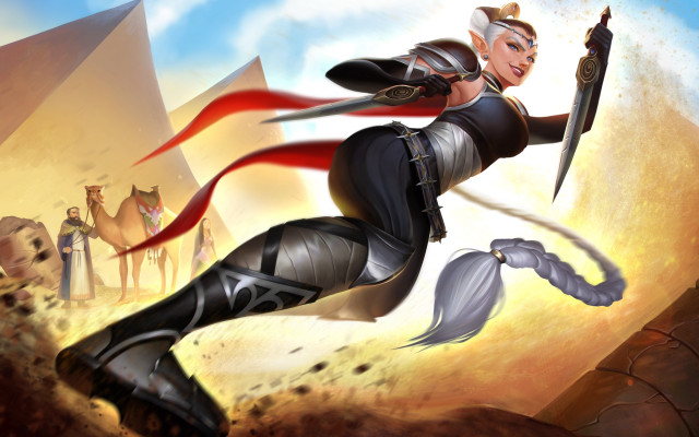 Woman sword desert elf sunset free wallpaper for desktop - medium preview image