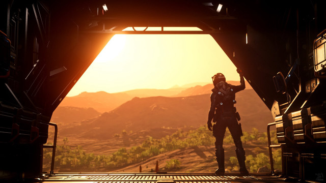 Man doorway spaceship sunset mountains free wallpaper for desktop - medium preview image