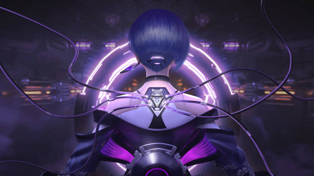 Futuristic woman purple hair cyberpunk free wallpaper for desktop - medium preview image