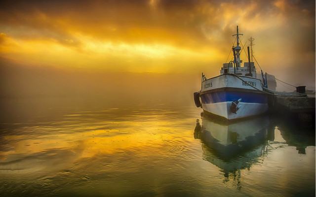 Sunset boat matte painting misty free wallpaper for desktop - medium preview image