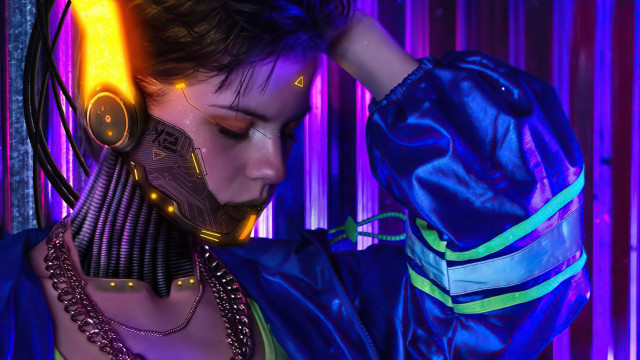 Woman headphones neon background cyberpunk #2 free wallpaper for desktop - medium preview image