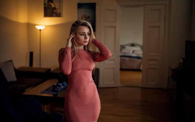 Woman red dress couch lamp free wallpaper for desktop - medium preview image