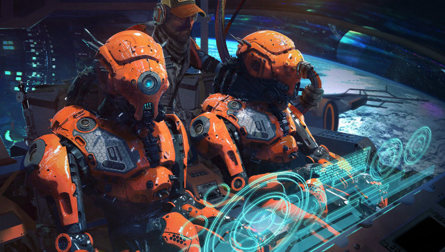 Orange robots neon face space free wallpaper for desktop - medium preview image