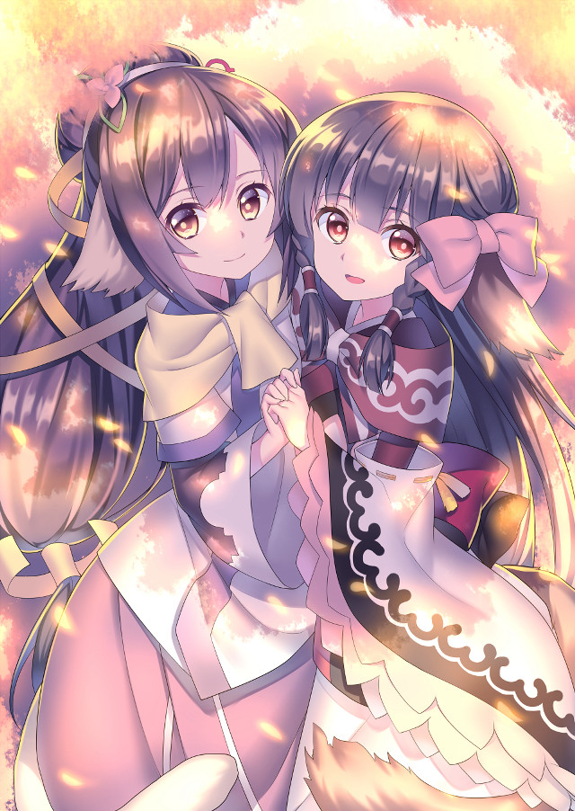 Anime girls hugging sky background free wallpaper for mobile - medium preview image