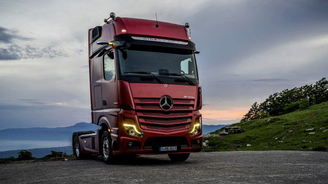Red truck lake sunset cloudy free wallpaper for desktop - medium preview image