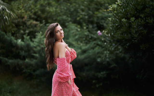 Pink dress woman field forest free wallpaper for desktop - medium preview image