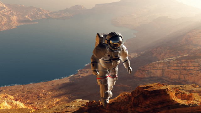 Space suit man cliff lake free wallpaper for desktop - medium preview image