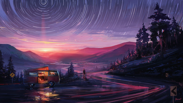 Van road night sky starlight free wallpaper for desktop - medium preview image