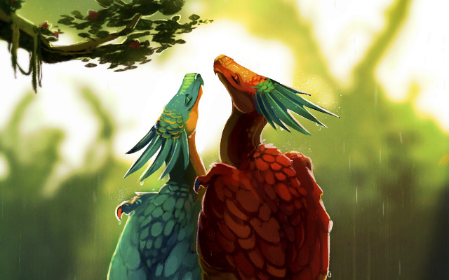 Birds under tree rain fantasy free wallpaper for desktop - medium preview image