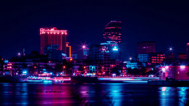 City skyline night reflection neon free wallpaper for desktop - medium preview image