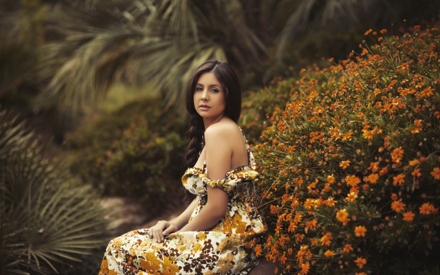 Woman dress flowers trees palm free wallpaper for desktop - medium preview image