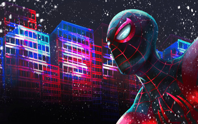 Spiderman city snowfall skyline digital free wallpaper for desktop - medium preview image