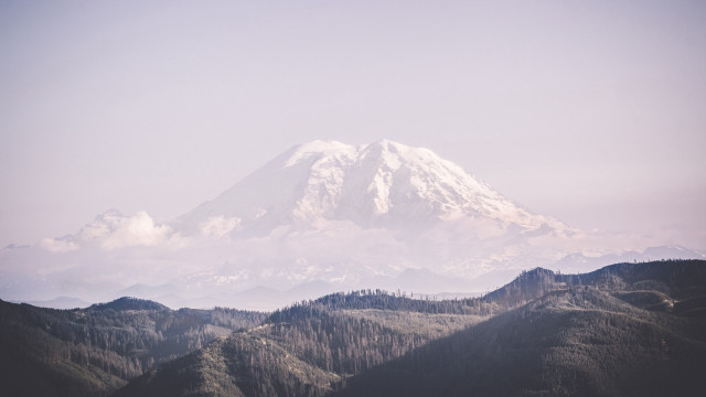Mountain snow peak trees hazy free wallpaper for desktop - medium preview image