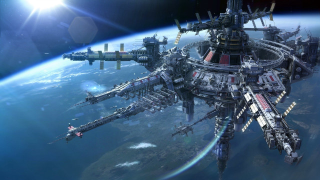 Futuristic space station earth bright free wallpaper for desktop - medium preview image