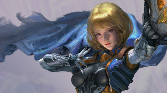 Woman armor sword bird blonde free wallpaper for desktop - medium preview image