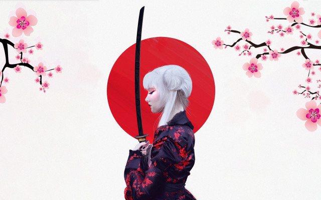 Woman kimono sword cherryblossom redmoon #2 free wallpaper for desktop - medium preview image