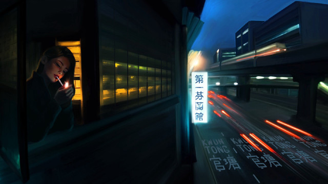 Woman smoking tunnel neon city free wallpaper for desktop - medium preview image