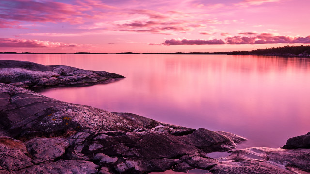 Pink sunset lake rocks trees free wallpaper for desktop - medium preview image
