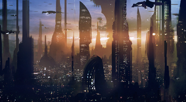 Futuristic city skyline night bird free wallpaper for desktop - medium preview image