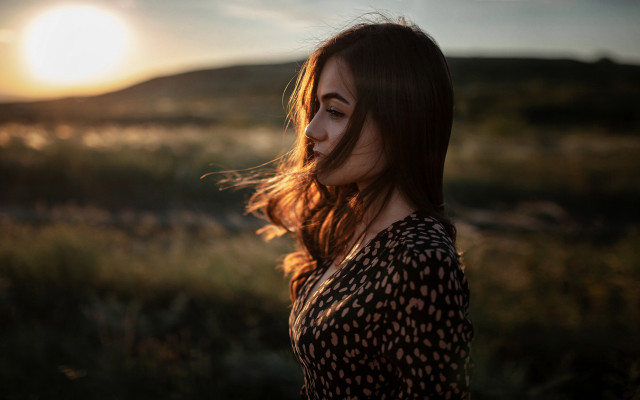 Woman sunset field blowinghair profile free wallpaper for desktop - medium preview image