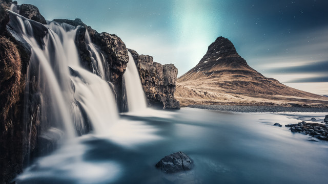 Waterfall mountain starry sky milkyway free wallpaper for desktop - medium preview image