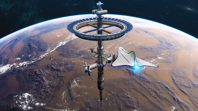 Space station planet shuttle aurora free wallpaper for desktop - medium preview image