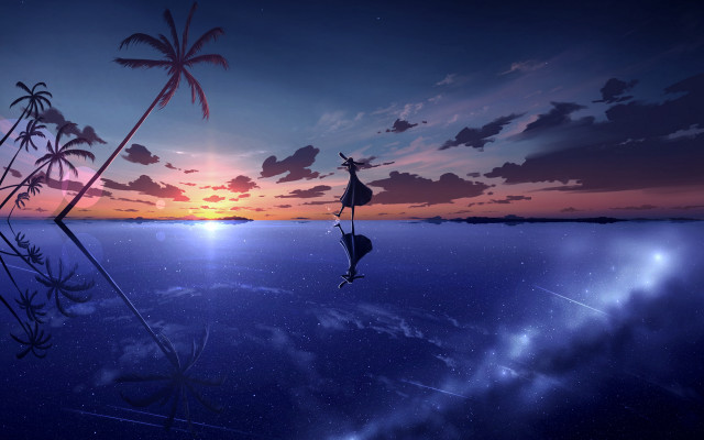 Floating water sunset palm ants free wallpaper for desktop - medium preview image