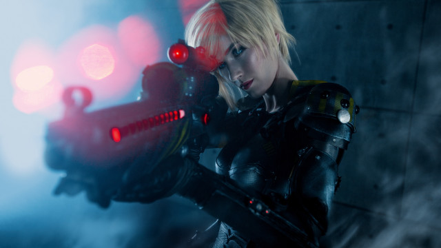 Cyberpunk cosplay blonde gun redlights free wallpaper for desktop - medium preview image