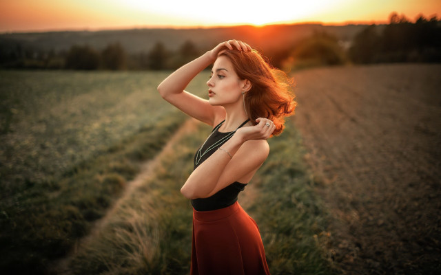 Woman dress field sunset wind free wallpaper for desktop - medium preview image