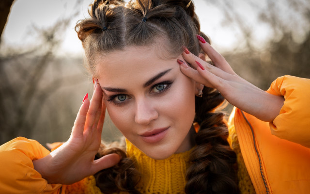 Woman braid blue eyes serious free wallpaper for desktop - medium preview image