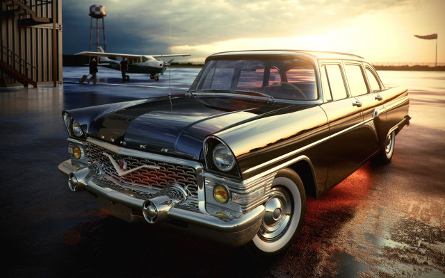 Classic car parking lot plane free wallpaper for desktop - medium preview image
