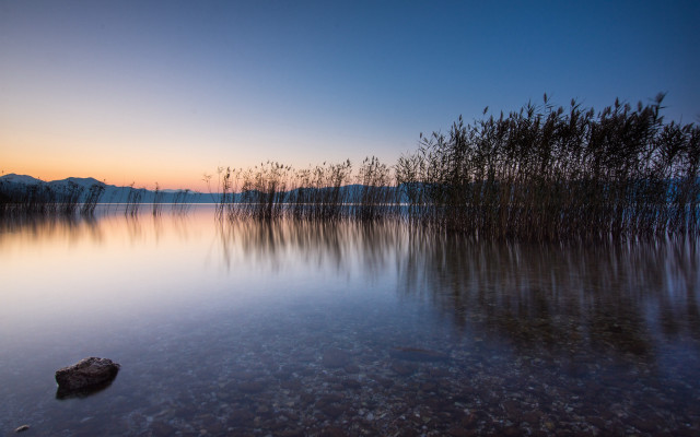 Lake rock sunset trees night free wallpaper for desktop - medium preview image