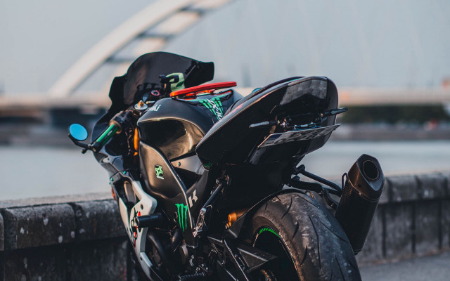 Motorcycle bridge water cyberpunk futurism free wallpaper for desktop - medium preview image