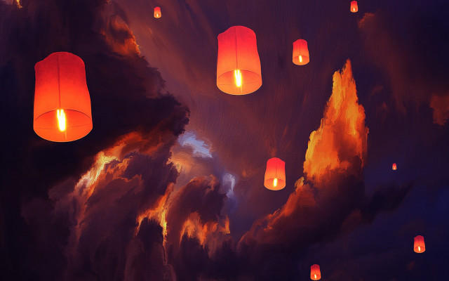 Red lanterns night sky autumn free wallpaper for desktop - medium preview image