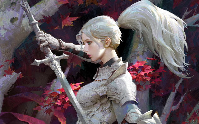 White haired woman sword tree free wallpaper for desktop - medium preview image