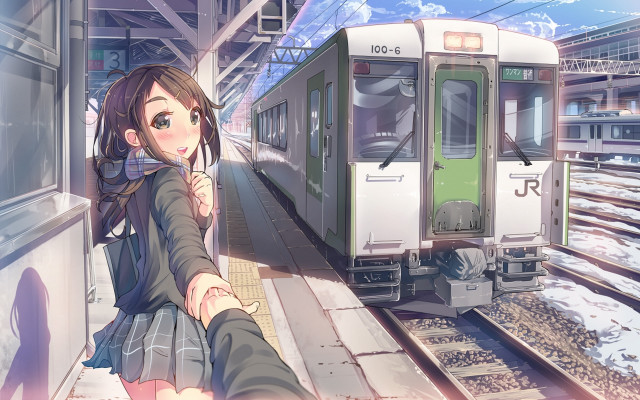 Woman train platform anime romantic free wallpaper for desktop - medium preview image