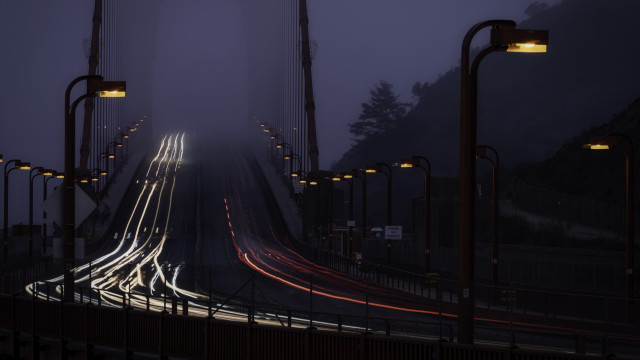 Foggy night streetlights bridge matte free wallpaper for desktop - medium preview image