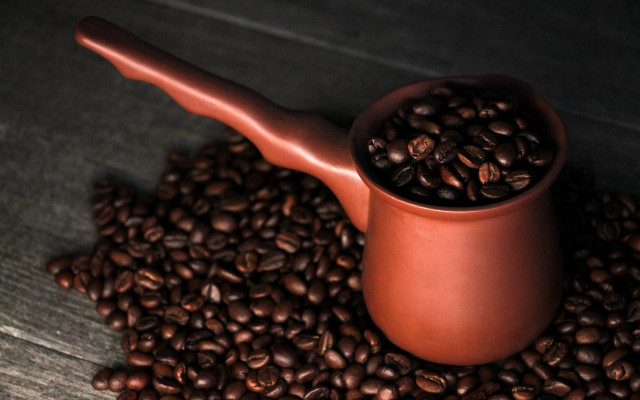 Coffee pot beans wooden table free wallpaper for desktop - medium preview image