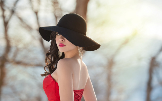 Woman reddress blackhat park photorealistic free wallpaper for desktop - medium preview image