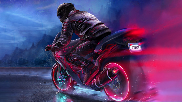 Man riding motorcycle cyberpunk night free wallpaper for desktop - medium preview image