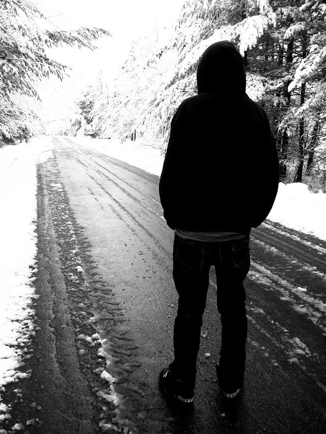 Snowy road woods person standing free wallpaper for mobile - medium preview image