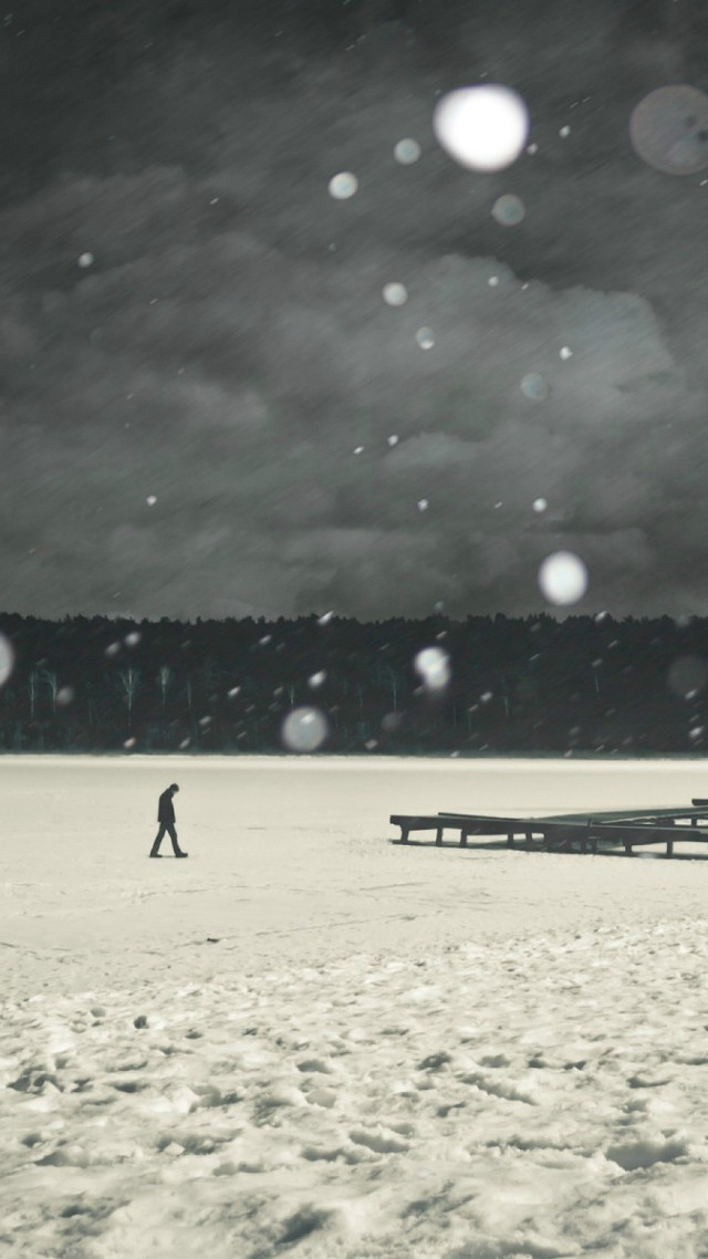 Person walking snow bench forest free wallpaper for mobile - medium preview image