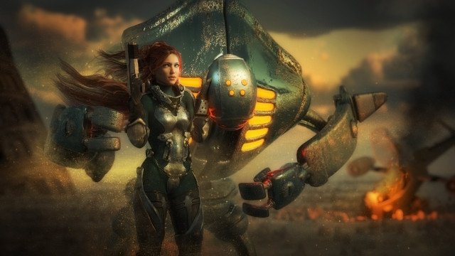 Futuristic woman armor fire sky free wallpaper for desktop - medium preview image