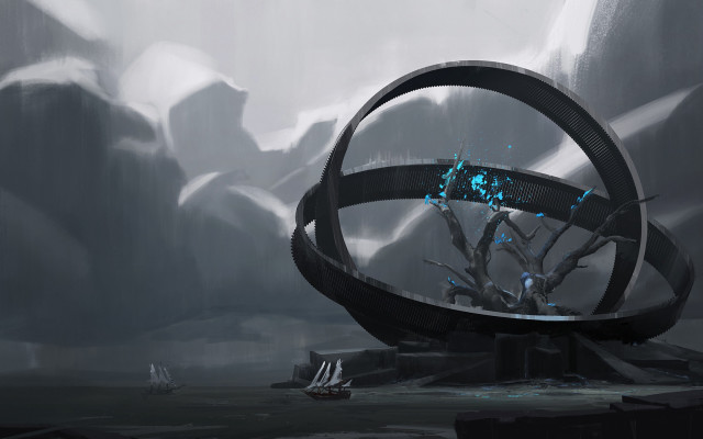 Futuristic building circular structure boat free wallpaper for desktop - medium preview image