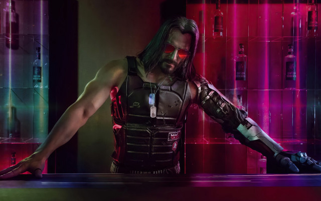 Futuristic man red glasses cyberpunk free wallpaper for desktop - medium preview image