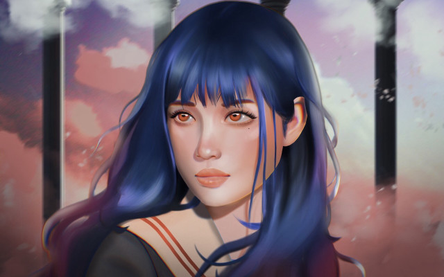 Blue hair character portrait school free wallpaper for desktop - medium preview image