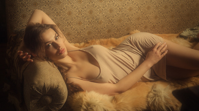 Woman couch teddy bear portrait free wallpaper for desktop - medium preview image