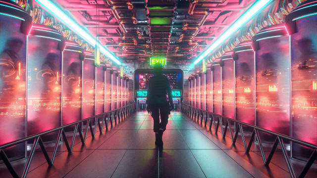 Neon hallway cyberpunk urban night free wallpaper for desktop - medium preview image